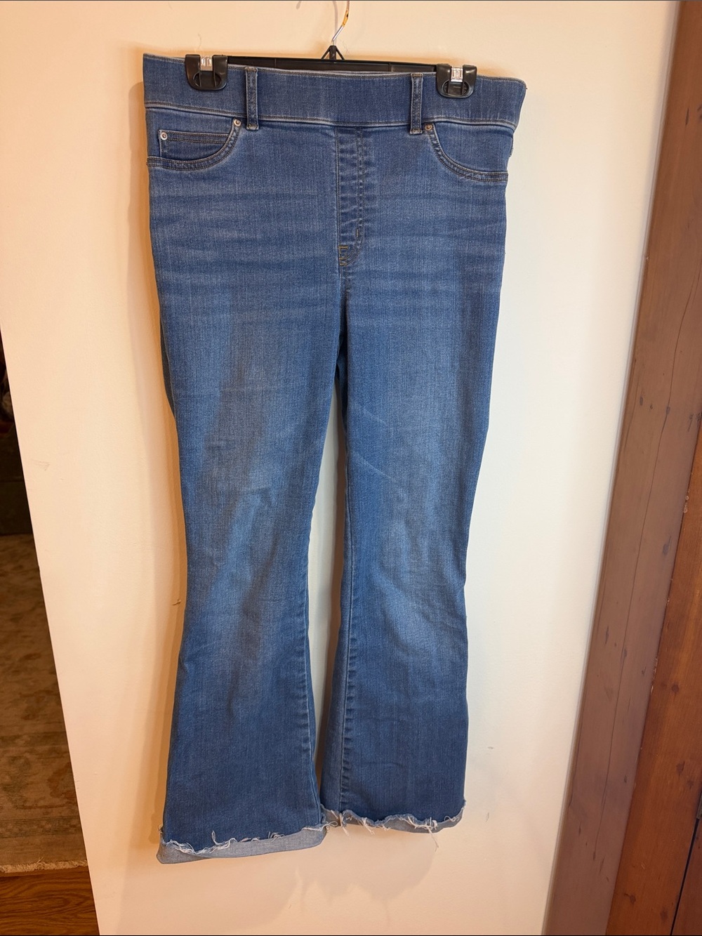 SPANX Blue Denim Flare Pull-on Jeans with Raw Cuff Hem, Large